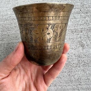 Vintage Hand Engraved Brass Cup Small Goblet Folk Art Decorative 3.5”